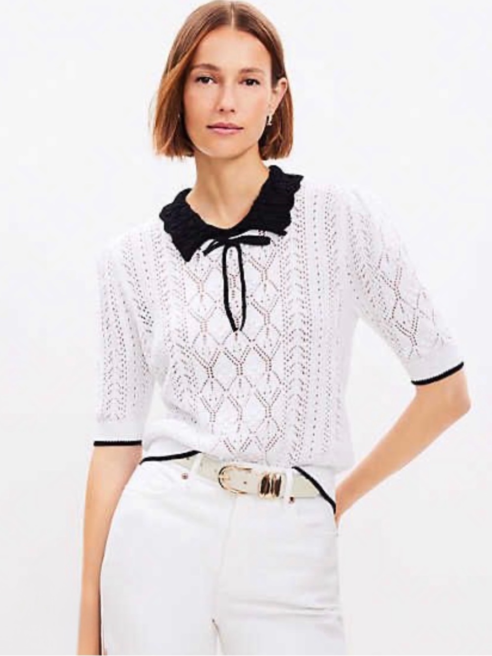 LOFT Open Stitch Puff Sleeve Point Tie Collar Sweater Top XS